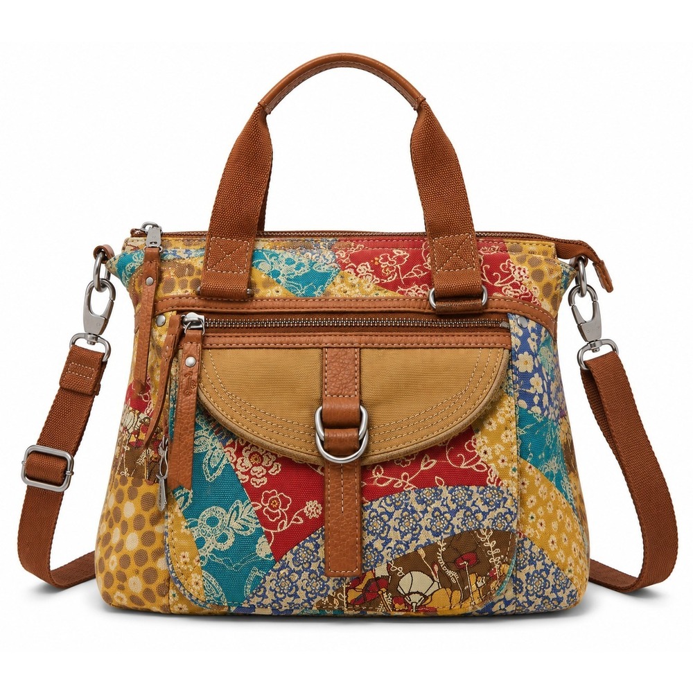 Fossil Patchwork Canvas Satchel Handbag Crossbody Shoulder Bag Leather Boho...